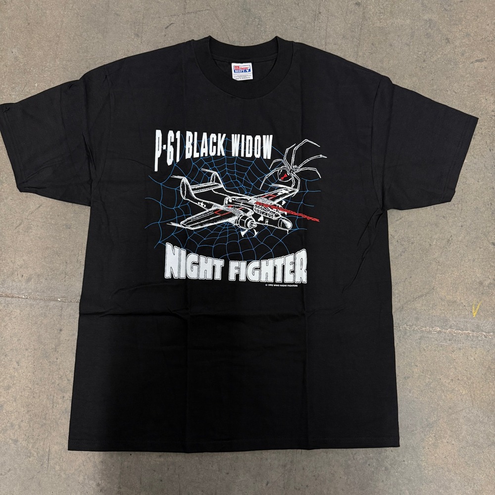 Vintage 1992 P-61 Black Widow Night Fighter T-Shirt Hanes Beefy-T Black XL WWII